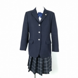 1円 ブレザー チェックスカート リボン 上下4点セット 冬物 女子 学生服 神奈川厚木商業高校 紺 制服 中古 ランクC EY8424