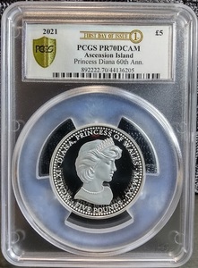 アセンション島 2021 ダイアナ妃生誕60周年記念 5ポンド2オンスプルーフ銀貨 PCGS PR70DCAM