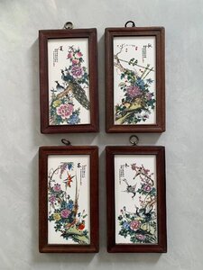 磁板絵 色絵磁器 山水画 花鳥絵 4枚セット 額付 唐物 中国古美術