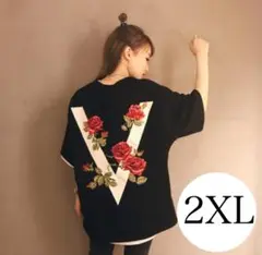 【人気】2XL　Ｔシャツ　黒　メンズ　レディース　薔薇　V　半袖　パンク