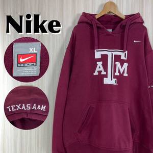 【入手困難】NIKE ナイキ テキサスA&M大学 ビッグロゴ 刺繍スウッシュ 袖ポケット 裏起毛【肉厚】プルオーバーパーカー ボルドー XL 古着