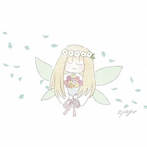 nyago 手描きイラスト　オリジナル　女の子　イラスト　絵　シンプル　ゆるい　花　妖精　天使　インテリア ハンドメイド 青い花ver