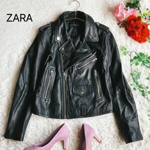 ZARA ザラ★ラムレザー ダブルライダースジャケット 本革 ブラック【美品】