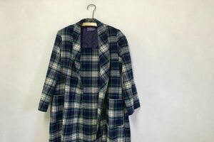 70s～80sビンテージUSA製PENDLETONペンドルトンオールウールガウンSネイビー×グリーンチェックショールカラーコートアメカジnr882