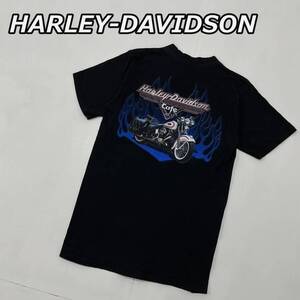 【HARLEY-DAVIDSON】ハーレーダビッドソン フレイム バイク バックプリント クルーネック ポケット Tシャツ 黒 ブラック