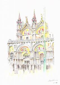 世界遺産の街並み・イタリア・ベニス・サンマルコ寺院・F4画用紙・水彩画原画