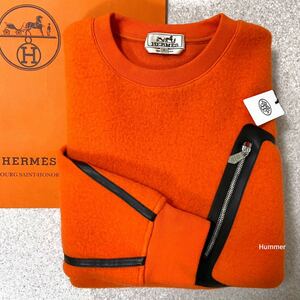 国内正規品 2023AW 未使用 S Hermes エルメス ウール×カシミヤ レザートリミング トレーナー セーター ビッグポケット オレンジ 紙タグ