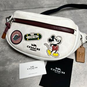 ◆限定品/美品◆ COACH コーチ ボディバッグ ウエストポーチ 2way ディズニーコラボ ミッキー ワッペン チャーム レザー×PVC ホワイト