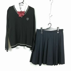 1円 セーター スカート リボン 上下4点セット 大きいサイズ 冬物 女子 学生服 中学 高校 黒 制服 中古 ランク:C EY8301