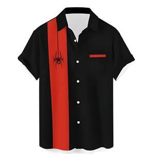 ロカビリー ボウリングシャツ 赤 黒 大きいサイズ 半袖 アメカジ メンズ Lサイズ ボーリングシャツ アロハシャツ ROCK カジュアル オシャレ