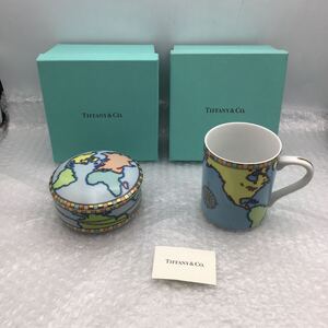 （宝）【同梱可】美品　 TIFFANY Co ティファニー　世界地図柄　食器セット　小物入れ& マグカップ　陶器 