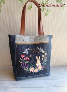 ハーブとうさぎの手刺繍**ウールリネン**肩掛け**サイドＤかん**A4**ハンドメイド