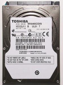 【中古】東芝 MK6465GSXN 2.5inch SATA 3Gb/s 640GB 8MB 5400rpm 9.5mm 512セクター 非AFT