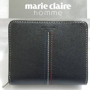 送料450円~新品Marie claire hommeラウンドファスナー2つ折り財布ブラック牛革MH-249823黒トリコロール カード19枚収納マリクレール オム