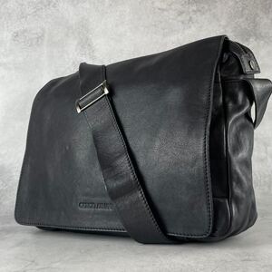 【美品】ジョルジオアルマーニ GIORGIO ARMANI メンズ ビジネス ショルダーバッグ メッセンジャー ボディ ロゴ レザー 本革 黒色 A4◎ PC◎