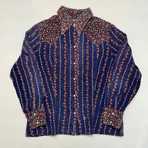 h392 70 年代 vintage 花 柄 ストライプ コーデュロイ 切替 ウエスタン シャツ 70s ビンテージ フラワー western shirt