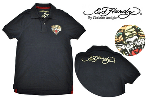 Y-8121★美品★Ed Hardy BY Christian Audigier エド・ハーディー クリスチャン オードジェー★黒 虎 タイガー 鹿の子 半袖 ポロシャツ Ｍ