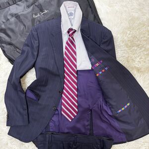 未使用級◎ロロピアーナ×ポールスミス Loro Piana Paul Smith スーツ ネイビー マルチストライプ 裏地パープル 水牛釦 L ジャケットシルク