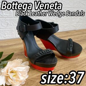 【美品】Bottega Veneta ボッテガヴェネタ　ブラックレザー×レッドウェッジサンダル　厚底　ハイヒール　美脚　37　23.5cm