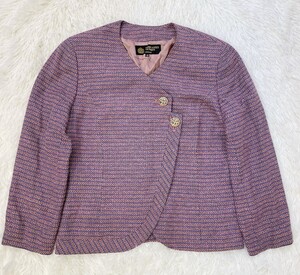 美品　HARDY AMIES BOUTIQUE　ハーディエイミス　シルク100%　ノーカラージャケット　ツイードジャケット　43号　レディース　XLサイズ相当