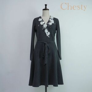 新品未使用 Chesty チェスティ ウール混 ビジュー パール カシュクールニットワンピース 膝丈 裏地無し レディース グレー サイズ1*QC705