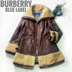 【極美品】BURBERRY BLUE LABEL バーバリーブルーレーベル ラムレザーコート ビッグカラー リアルファー チェック 濃茶 ダークブラウン 38