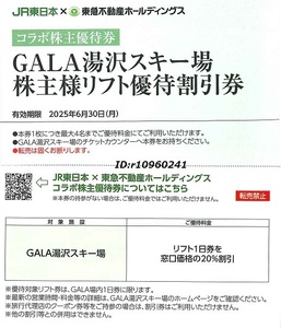 JR東日本×東急不動産☆GALA湯沢スキー場 リフト優待割引券 コラボ株主優待券☆2025年6月末迄/〒85円◆リフト1日券窓口価格の20%割引