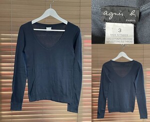 【激安1点のみ 国内正規品】フランス製 agnes b. アニエスベー Vネック 長袖 薄手 コットン ニット サイズ3 グレー系