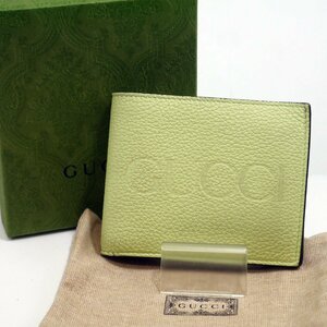 USED品・保管品 GUCCI グッチ 658681 ロゴ 2つ折り財布 コインウォレット コンパクトウォレット グリーン系 レザー 保存袋/外箱付