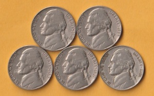 ☆アメリカ5セント貨《1950年代》　5枚　　普通品～美品