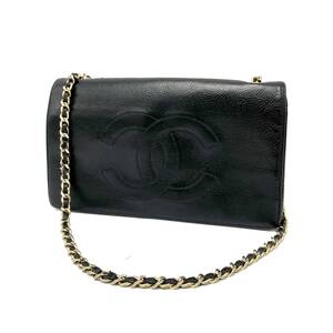 1円 良品 CHANEL シャネル デカ ココマーク キャビアスキン チェーン ウォレット バッグ eD11166N