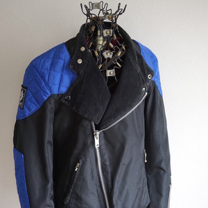 1980s ヴィンテージ ENGLAND製 Belstaff ベルスタッフ Outlaw ナイロンライダースジャケット 36 黒青 バイカラー イギリス UK 英国 古着