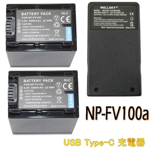 NP-FV70 NP-FV100a 互換バッテリー 2個 & Tyep-C USB 充電器 1個 残量表示可能 純正品と同じよう使用可能 NP-FV50a NP-FV60a NP-FV70