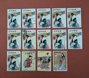 【コレクション処分】特殊切手、記念切手（使用済）雨中湯帰り１１枚 まりつき１枚 浮世源氏１枚 女舞姿１枚
