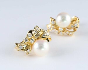 【特別セール】超美品 ■ ミキモト【MIKIMOTO】K18 アコヤ本真珠 ダイア イヤリング 純正ボックス リボン ネジ式 ■正規品・本物保証■