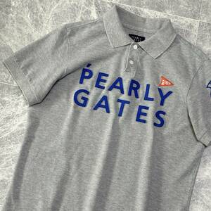 美品 30周年記念 PEARLY GATES パーリーゲイツ 半袖 鹿の子 ポロシャツ ストレッチ メンズ 4 グレー ロゴ ワッペン ゴルフウェア 624