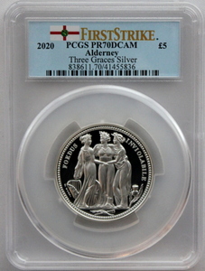 2020年 イギリス領 オルダニー スリーグレイセス 2オンス 5ポンド 銀貨 PCGS PR70DCAM First Strike 最高鑑定品！！