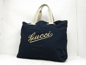 ◆美品◆GUCCI グッチ◆ナイロンキャンバス カーフ レザー 本革◆トート バッグ◆ネイビー アイボリー SV金具◆イタリア製◆マリン◆A5291