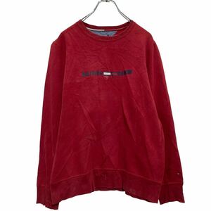 TOMMY HILFIGER DENIM プリントスウェット トレーナー S レッド トミーヒルフィガーデニム 裏起毛 古着卸 アメリカ仕入 a609-7170