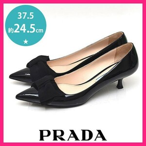 美品 プラダ PRADA リボン エナメル ポインテッドトゥ パンプス ブラック 黒 37.5(約24.5cm) sh24-1293