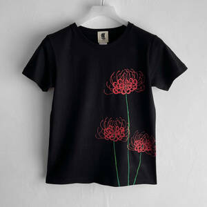 レディース Tシャツ Mサイズ 黒 彼岸花柄Tシャツハンドメイド 手描きTシャツ 和柄 花柄 秋冬