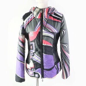 良品★Emilio Pucci エミリオプッチ フード付 ロゴZIP レザー使い プッチ柄 ダウンジャケット マルチカラー 36 イタリア製 レディース