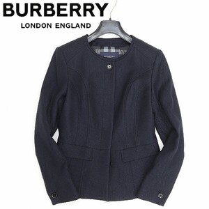 国内正規品◆BURBERRY LONDON バーバリー ロンドン 裏地チェック柄 ウール ノーカラー ジャケット 紺 ネイビー 38