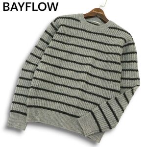 BAYFLOW ベイフロー 秋冬 ウール100％★ クルーネック ボーダー ニット セーター Sz.2　メンズ グレー　A4T09852_9#K