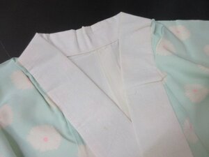 1円 良品 正絹 長襦袢 縮緬 式典 和装 和服 アンティーク 水色 菊 花柄 袷 身丈128cm 裄65cm【夢職】★★★