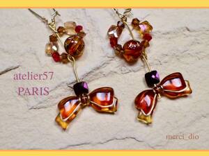 ＊atelier57＊ PARIS アンティークパーツ １８kコーティング フープ ロングピアス フラワー ブラウン レッド 新品 未使用 ドゥーズィエム