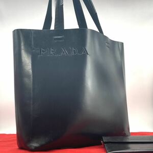 1円/稀少品●PRADA プラダ ロゴ型抜き トートバッグ A4肩掛け可 ビジネスバッグ ショルダーカーフレザー 本革 ブラック黒 メンズレディース