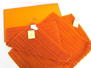 1000円スタート タオル 2点セット HERMES エルメス ハンドタオル/バスマット? Hロゴ オレンジ コットン100% 箱付 未使用品? 11 L50029