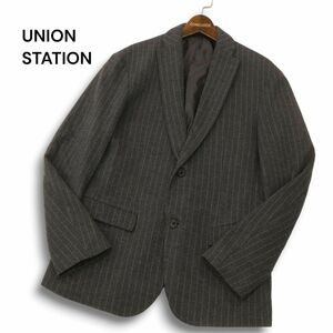 美品★ UNION STATION ユニオンステーション メンズビギ ウール混★ ストライプ 2B テーラード ジャケット Sz.L　メンズ 灰　C4T07682_8#N