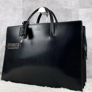 1円 極美品 GUCCI グッチ ビジネスバッグ ブリーフケース トート A4 金具 ロゴ型押し ファスナー オールレザー 鍵 メンズ 大容量 通勤 通学